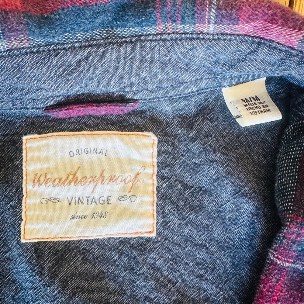 Weatherproof Vintage Mens Red Navy Blue Plaid Flannel Button Down Shirt‎ Medium - Picture 2 of 2
